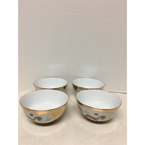 CHINESE  VINTAGE  4  RICE BOWLS GOLD TRIM RED DRAGON & PHOENIX 4 1/2" H MARKED - Picture 3 of 7